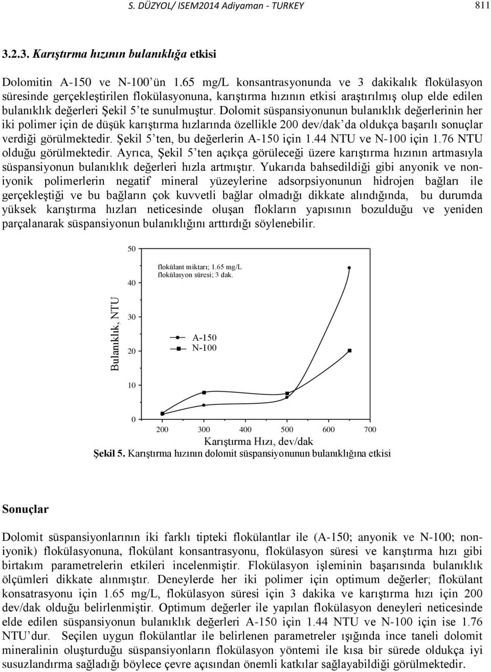 Dolomit süspansiyonunun bulanıklık değerlerinin her iki polimer için de düşük karıştırma hızlarında özellikle 200 dev/dak da oldukça başarılı sonuçlar verdiği görülmektedir.