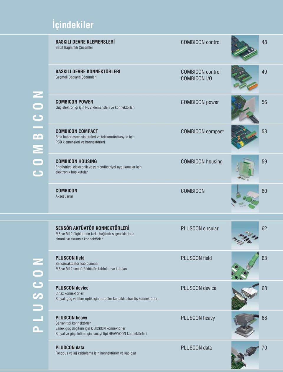 yarı endüstriyel uygulamalar için elektronik bofl kutular COMBICON power COMBICON compact COMBICON housing 56 58 59 COMBICON Aksesuarlar COMBICON 60 SENSÖR AKTÜATÖR KONNEKTÖRLER M8 ve M2 ölçülerinde