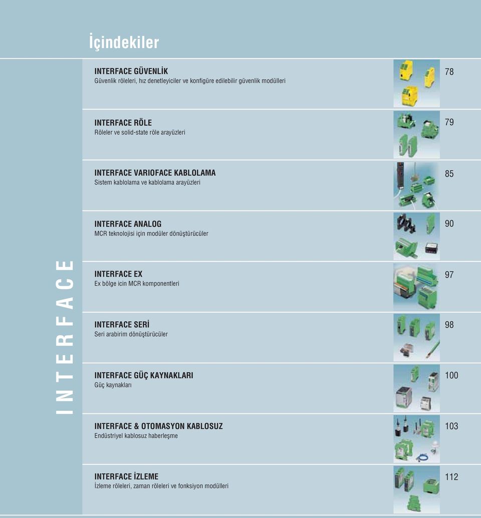 modüler dönüfltürücüler 90 INTERFACE INTERFACE EX Ex bölge icin MCR komponentleri INTERFACE SER Seri arabirim dönüfltürücüler INTERFACE GÜÇ