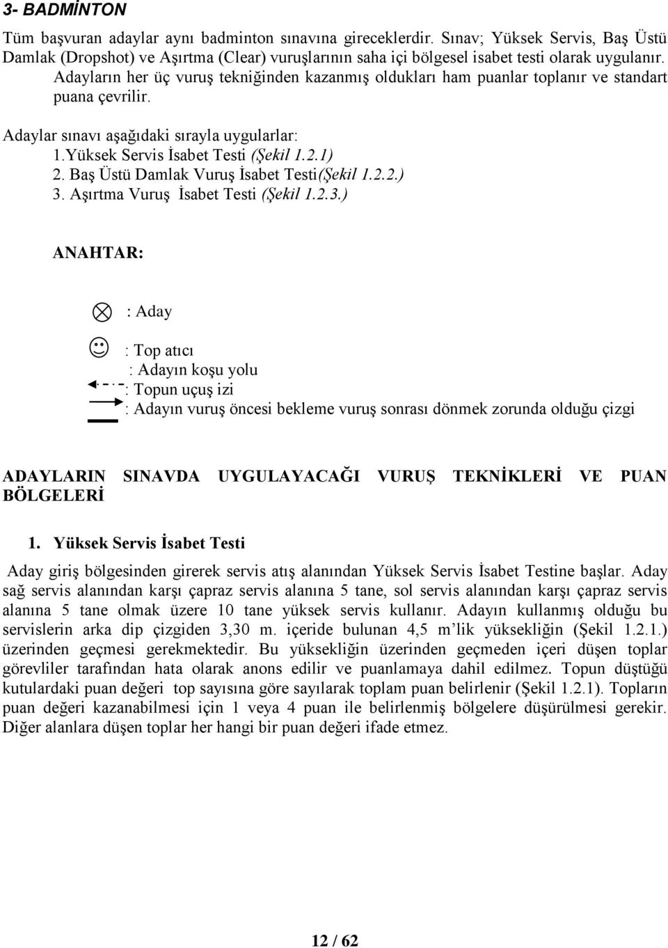 Adayların her üç vuruş tekniğinden kazanmış oldukları ham puanlar toplanır ve standart puana çevrilir. Adaylar sınavı aşağıdaki sırayla uygularlar: 1.Yüksek Servis İsabet Testi (Şekil 1.2.1) 2.