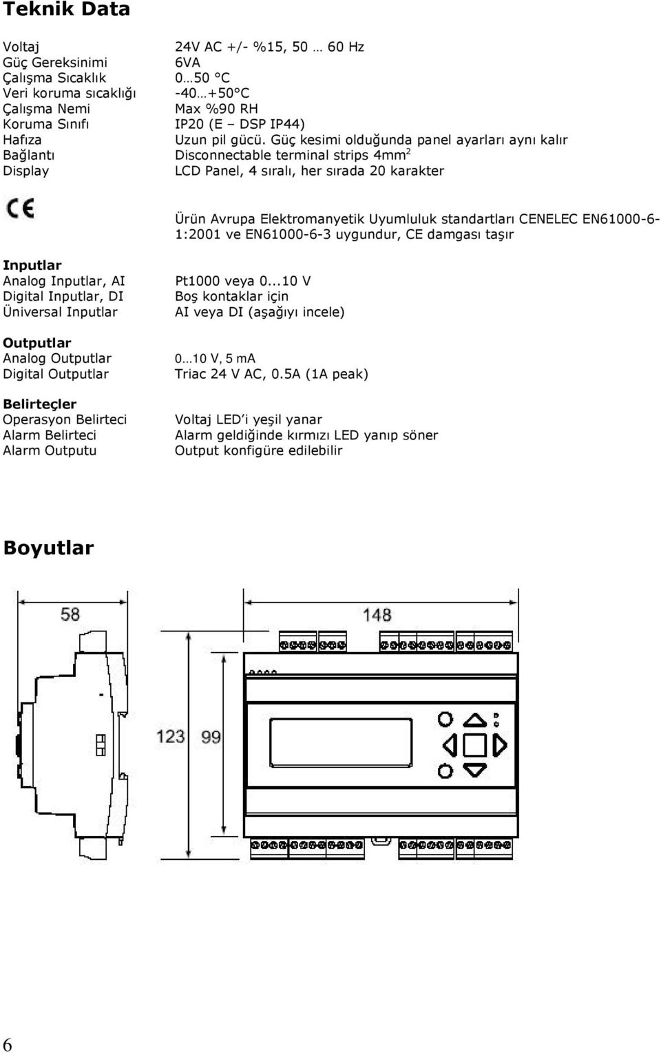 CENELEC EN61000-6- 1:2001 ve EN61000-6-3 uygundur, CE damgası taşır Inputlar Analog Inputlar, AI Digital Inputlar, DI Üniversal Inputlar Outputlar Analog Outputlar Digital Outputlar Belirteçler