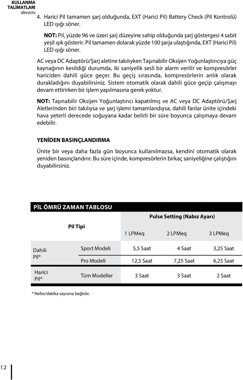 AC veya DC Adaptörü/Şarj aletine takılıyken Taşınabilir Oksijen Yoğunlaştırıcıya güç kaynağının kesildiği durumda, iki saniyelik sesli bir alarm verilir ve kompresörler hariciden dahili güce geçer.