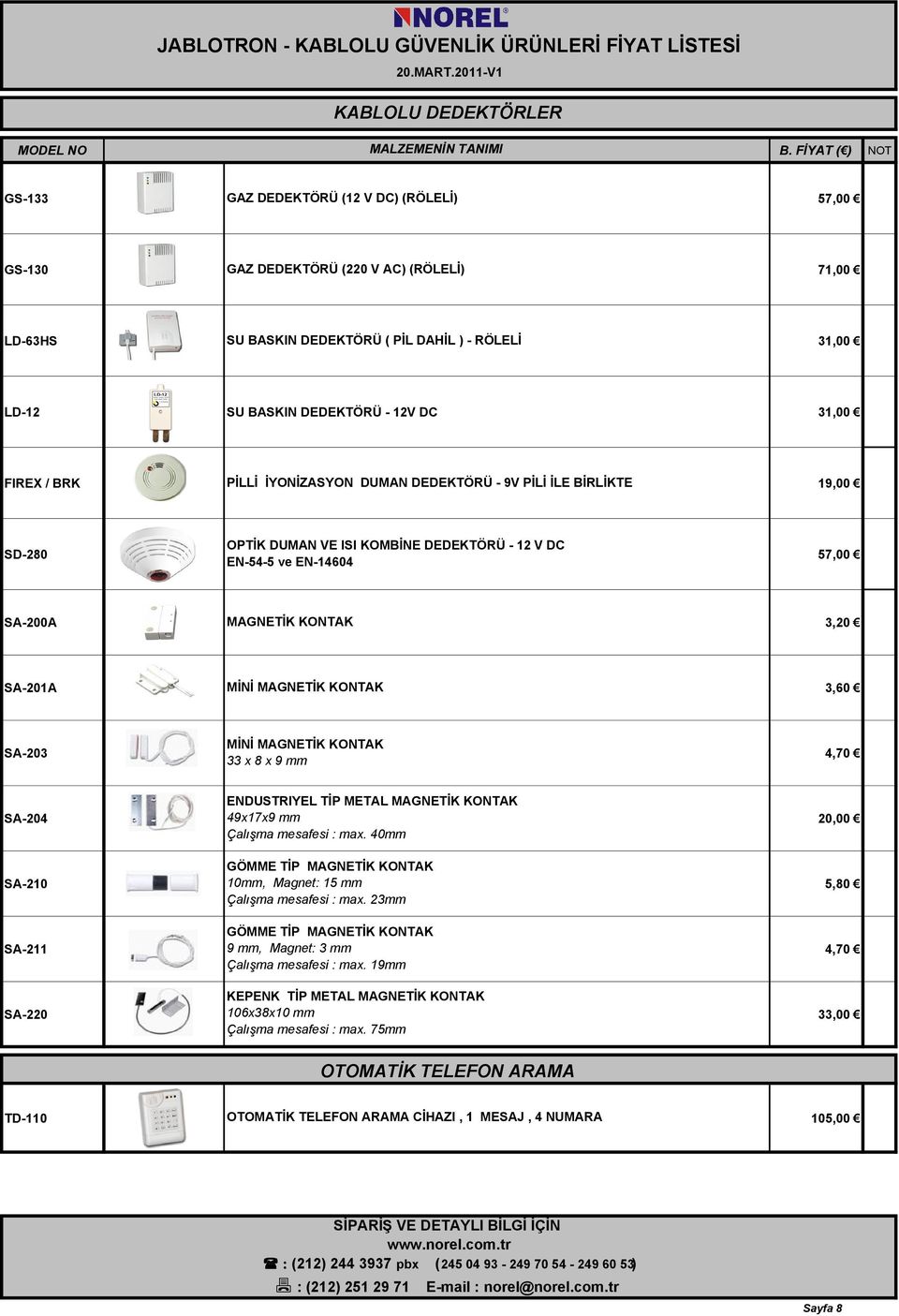 EN-54-5 ve EN-14604 SA-200A MAGNETĐK KONTAK 3,20 SA-201A MĐNĐ MAGNETĐK KONTAK 3,60 MĐNĐ MAGNETĐK KONTAK SA-203 4,70 33 x 8 x 9 mm ENDUSTRIYEL TĐP METAL MAGNETĐK KONTAK SA-204 49x17x9 mm 20,00 Çalışma