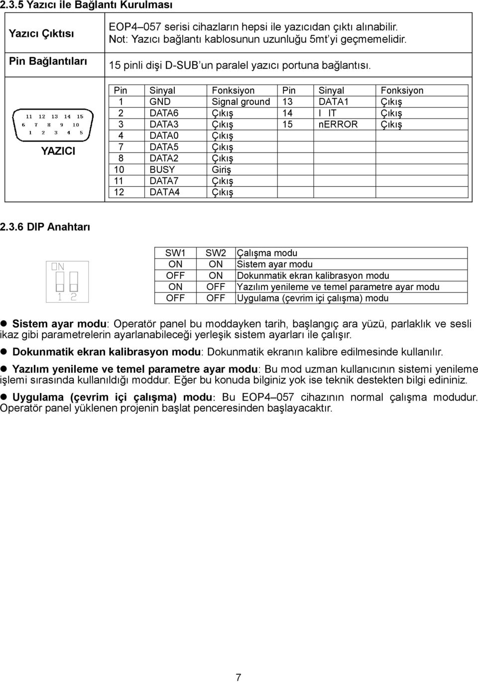 Pin Sinyal Fonksiyon Pin Sinyal Fonksiyon 1 GND Signal ground 13 DATA1 Çıkış 2 DATA6 Çıkış 14 IIT Çıkış 3 DATA3 Çıkış 15 nerror Çıkış 4 DATA0 Çıkış 7 DATA5 Çıkış 8 DATA2 Çıkış 10 BUSY Giriş 11 DATA7