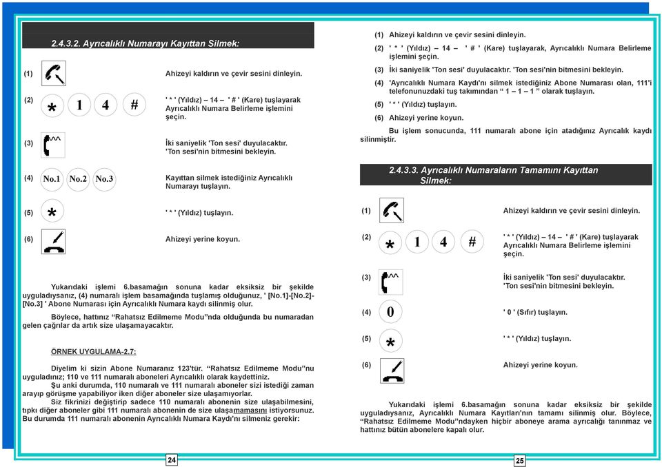 basamağın sonuna kadar eksiksiz bir şekilde uyguladıysanız, (4) numaralı işlem basamağında tuşlamış olduğunuz, ' [No.1]-[No.2]- [No.3] ' Abone Numarası için Ayrıcalıklı Numara kaydı silinmiş olur.