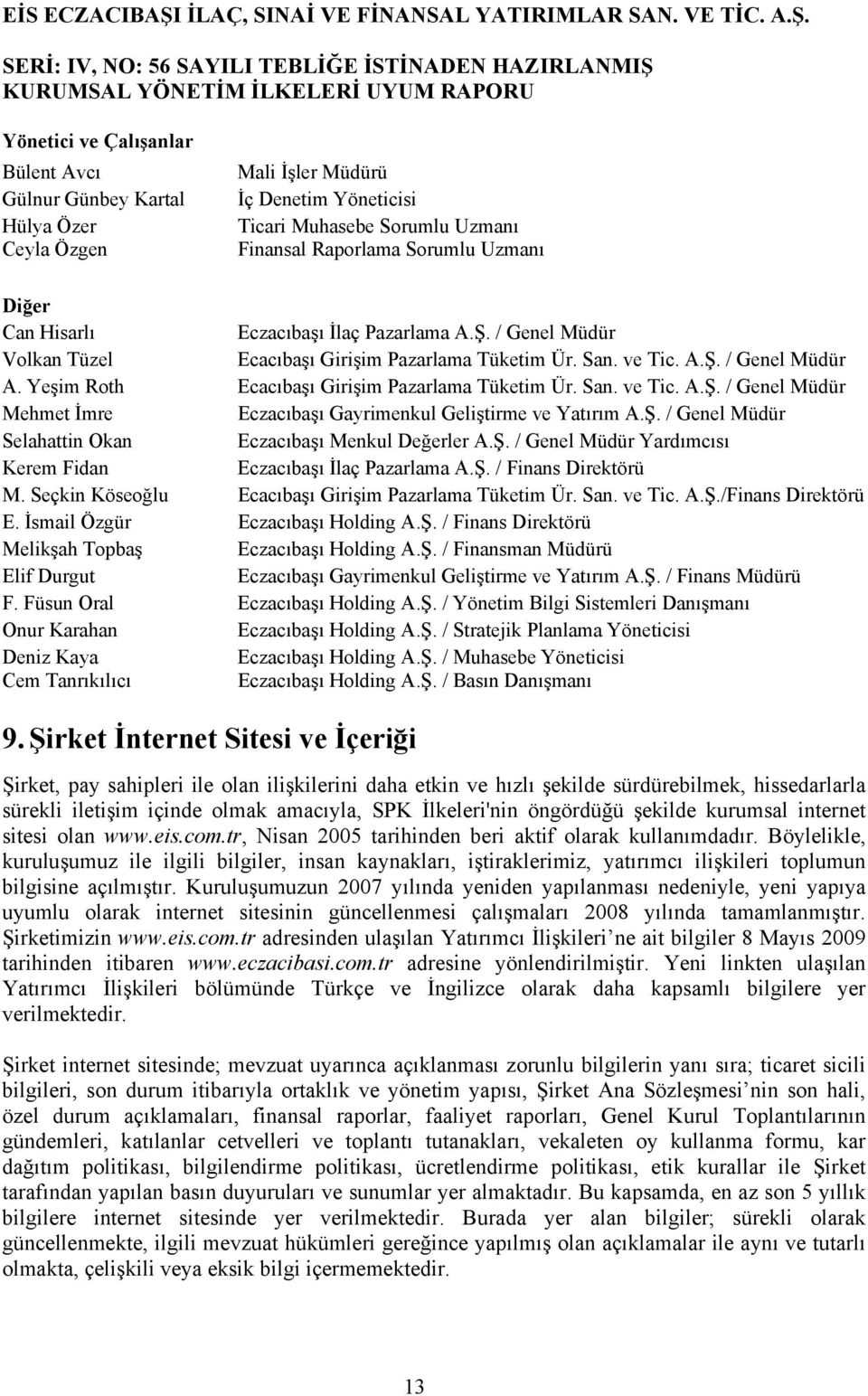 Ş. / Genel Müdür Selahattin Okan Eczacıbaşı Menkul Değerler A.Ş. / Genel Müdür Yardımcısı Kerem Fidan Eczacıbaşı İlaç Pazarlama A.Ş. / Finans Direktörü M.