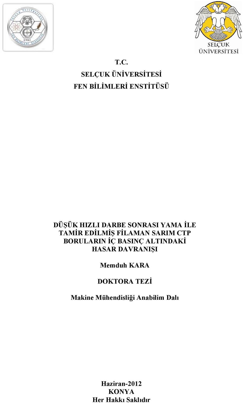 İÇ BASINÇ ALTINDAKİ HASAR DAVRANIŞI Memduh KARA DOKTORA TEZİ