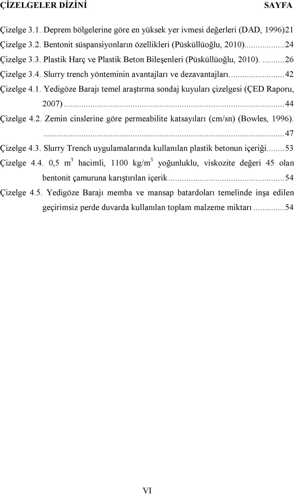 ... 47 Çizelge 4.3. Slurry Trench uygulamalarında kullanılan plastik betonun içeriği.... 53 Çizelge 4.4. 0,5 m 3 hacimli, 1100 kg/m 3 yoğunluklu, viskozite değeri 45 olan bentonit çamuruna karıştırılan içerik.