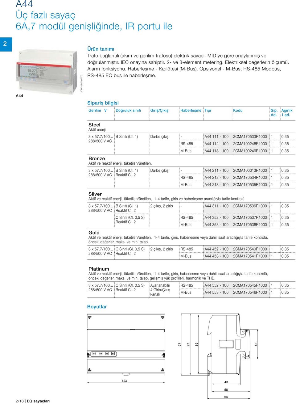 Sipariş bilgisi Gerilim V Doğruluk sınıfı Giriş/Çıkış Haberleşme Tipi Kodu Sip. Ad. Ağırlık ad. Steel Aktif enerji x 57.7/00... 288/500 V AC B Sınıfı (Cl. ) Darbe çıkışı - A44-00 2CMA705R000 0.