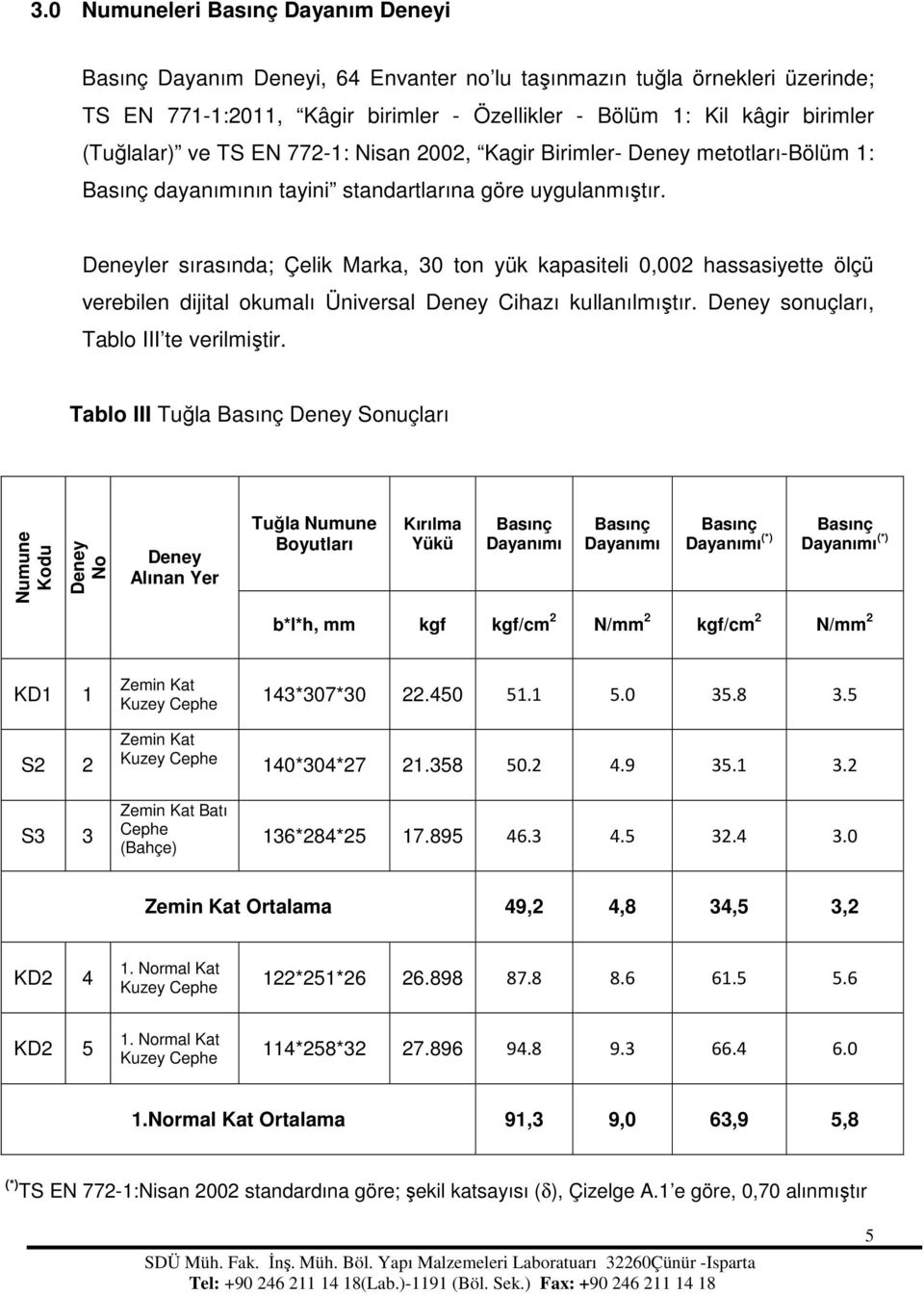 Deneyler sırasında; Çelik Marka, 30 ton yük kapasiteli 0,002 hassasiyette ölçü verebilen dijital okumalı Üniversal Deney Cihazı kullanılmıştır. Deney sonuçları, Tablo III te verilmiştir.