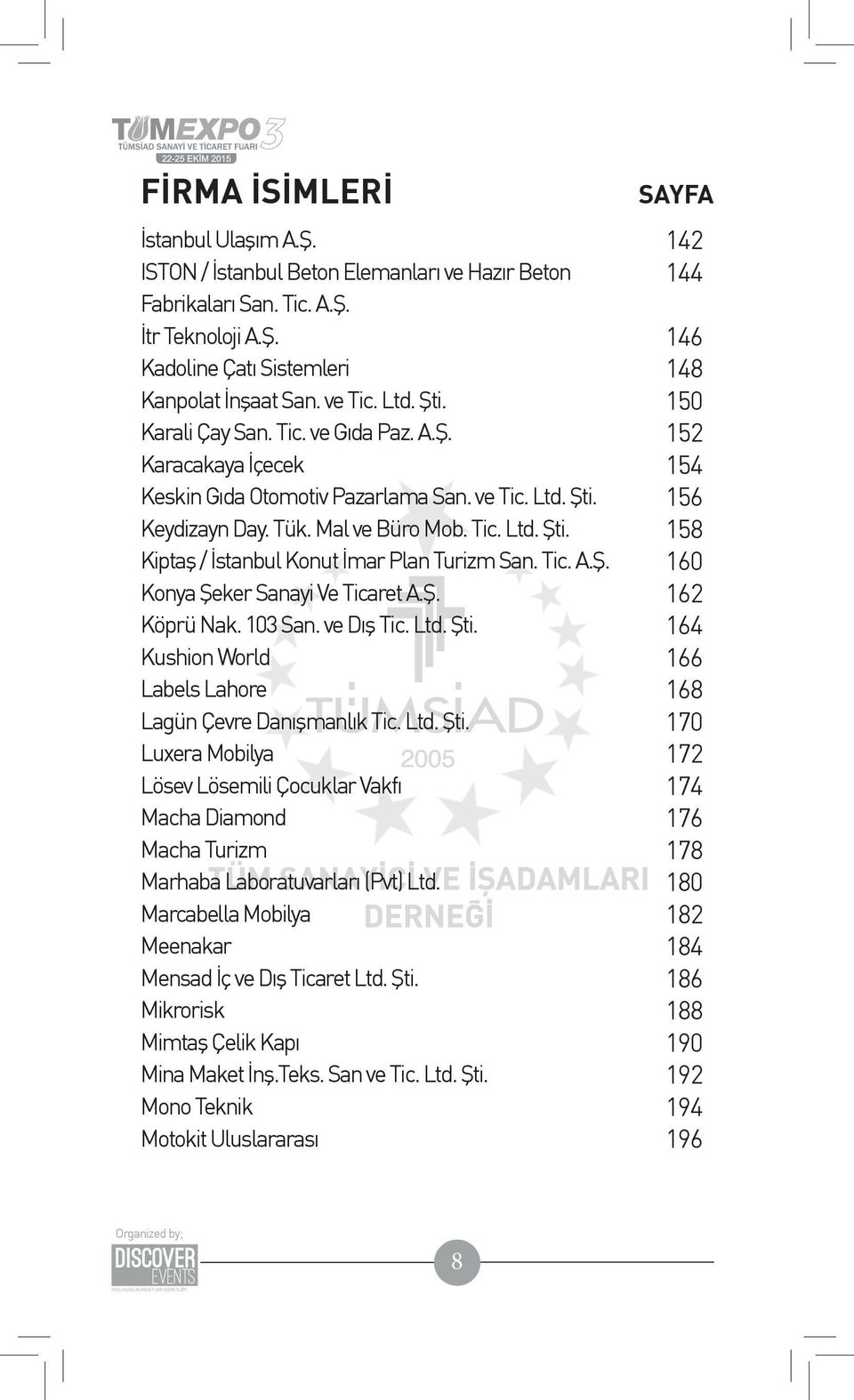 Tic. A.Ş. Konya Şeker Sanayi Ve Ticaret A.Ş. Köprü Nak. 103 San. ve Dış Tic. Ltd. Şti. Kushion World Labels Lahore Lagün Çevre Danışmanlık Tic. Ltd. Şti. Luxera Mobilya Lösev Lösemili Çocuklar Vakfı Macha Diamond Macha Turizm Marhaba Laboratuvarları (Pvt) Ltd.