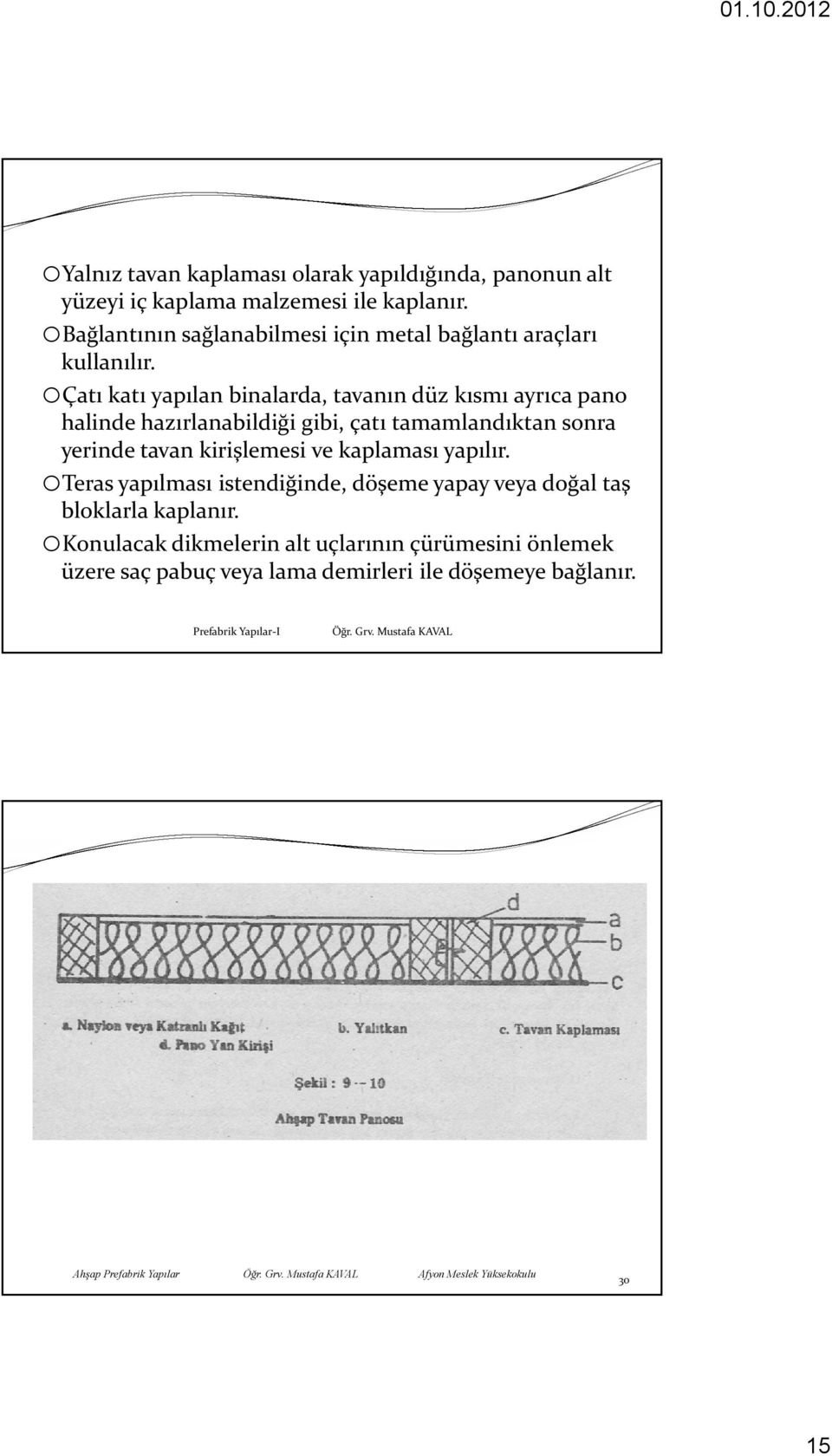 oçatı katı yapılan binalarda, tavanın düz kısmı ayrıca pano halinde hazırlanabildiği gibi, çatı tamamlandıktan sonra yerinde tavan kirişlemesi