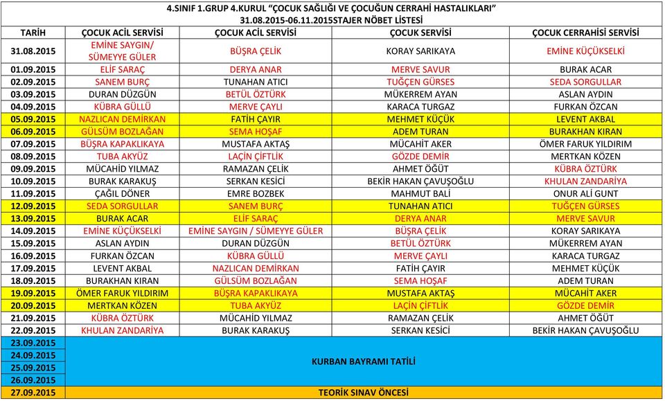 09.2015 NAZLICAN DEMİRKAN FATİH ÇAYIR MEHMET KÜÇÜK LEVENT AKBAL 06.09.2015 GÜLSÜM BOZLAĞAN SEMA HOŞAF ADEM TURAN BURAKHAN KIRAN 07.09.2015 BÜŞRA KAPAKLIKAYA MUSTAFA AKTAŞ MÜCAHİT AKER ÖMER FARUK YILDIRIM 08.