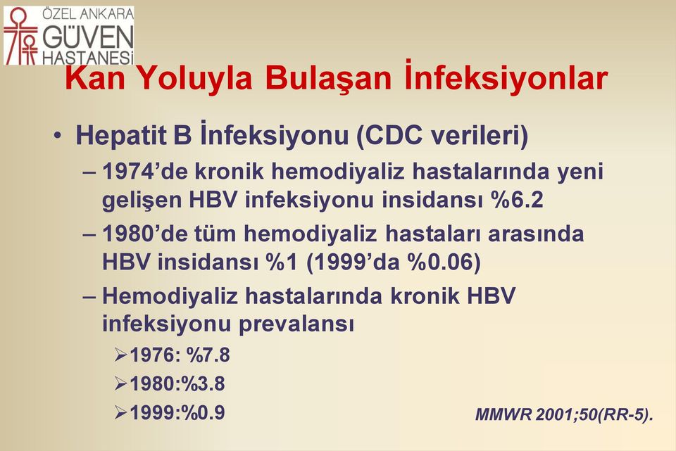 2 1980 de tüm hemodiyaliz hastaları arasında HBV insidansı %1 (1999 da %0.