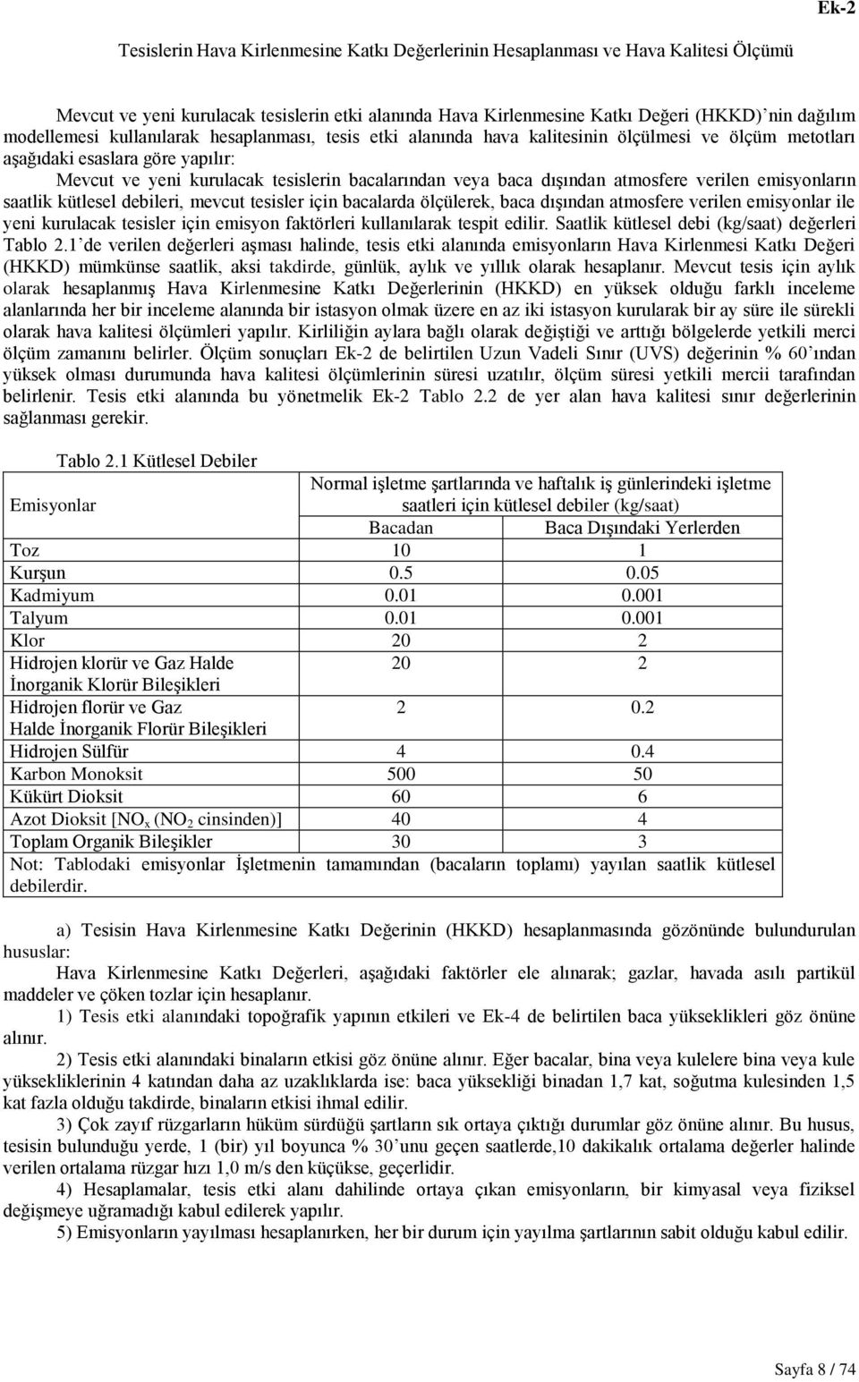 dıģından atmosfere verilen emisyonların saatlik kütlesel debileri, mevcut tesisler için bacalarda ölçülerek, baca dıģından atmosfere verilen emisyonlar ile yeni kurulacak tesisler için emisyon