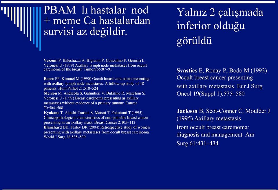 Tumori 65:87 91 Rosen PP, Kimmel M (1990) Occult breast carcinoma presenting with axillary lymph node metastases. A follow-up study of 48 patients.