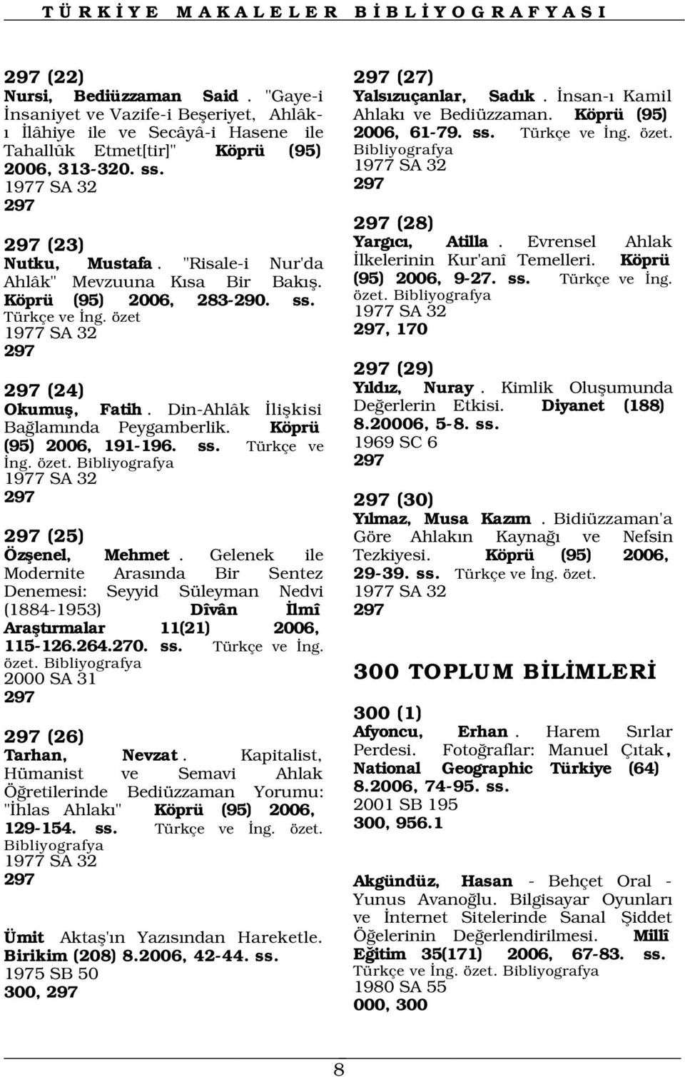 Din-Ahlâk liflkisi Ba lam nda Peygamberlik. Köprü (95) 2006, 191-196. ss. Türkçe ve ng. özet. 1977 SA 32 297 297 (30) 297 (25) Özflenel, Mehmet.