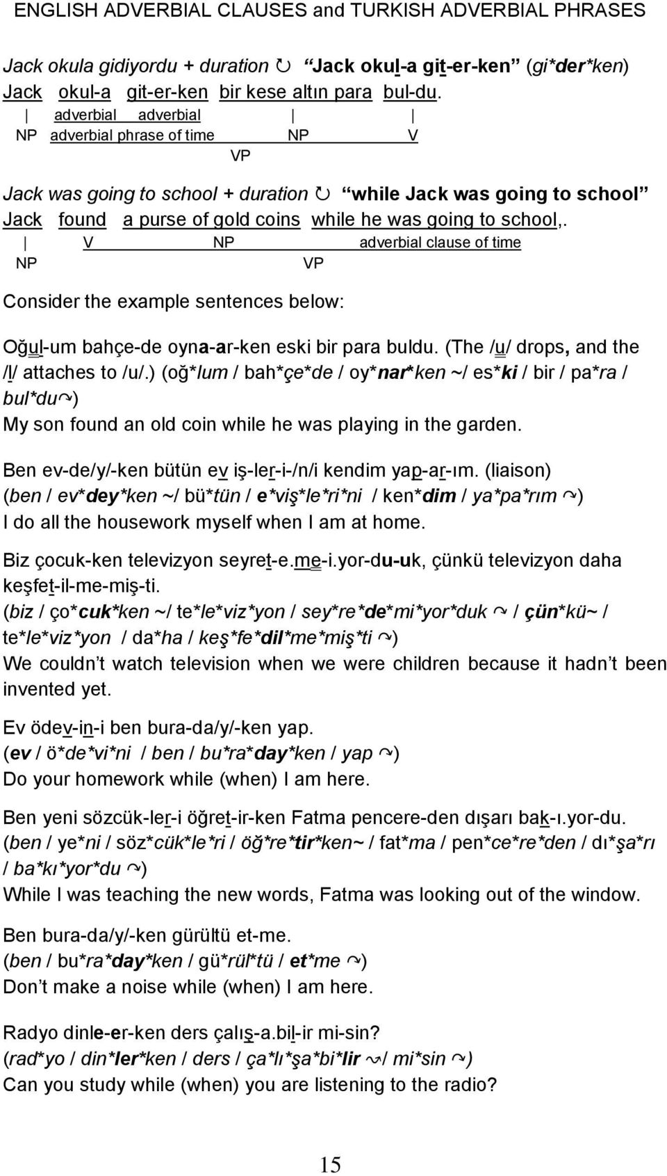 V NP adverbial clause of time NP Consider the example sentences below: Oğul-um bahçe-de oyna-ar-ken eski bir para buldu. (The /u/ drops, and the /l/ attaches to /u/.