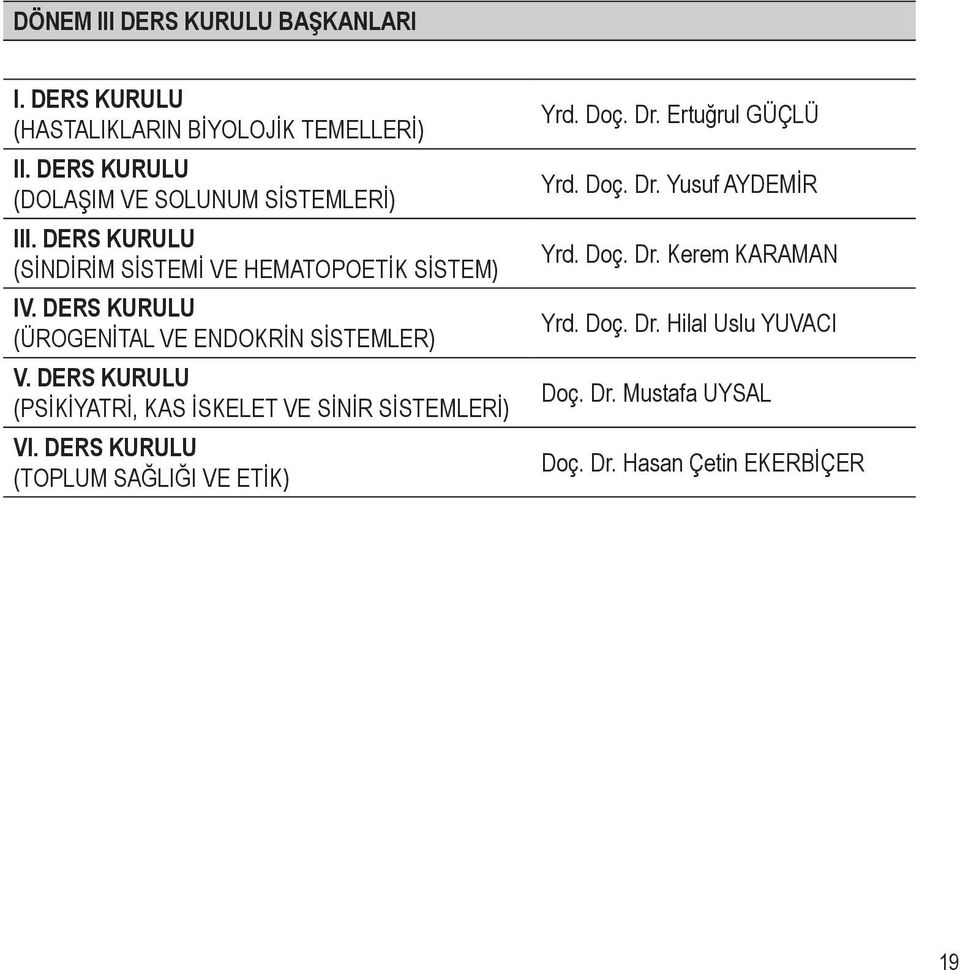 DERS KURULU (ÜROGENİTAL VE ENDOKRİN SİSTEMLER) V. DERS KURULU (PSİKİYATRİ, KAS İSKELET VE SİNİR SİSTEMLERİ) VI.