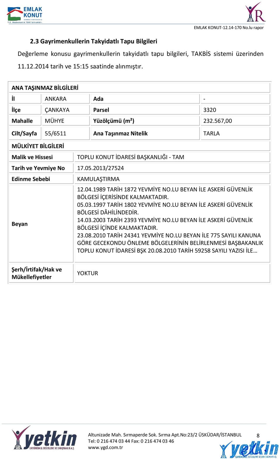 567,00 Cilt/Sayfa 55/6511 Ana Taşınmaz Nitelik TARLA MÜLKİYET BİLGİLERİ Malik ve Hissesi Tarih ve Yevmiye No 17.05.2013/27524 Edinme Sebebi Beyan TOPLU KONUT İDARESİ BAŞKANLIĞI - TAM KAMULAŞTIRMA 12.