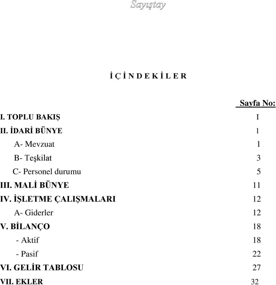 III. MALİ BÜNYE 11 IV.