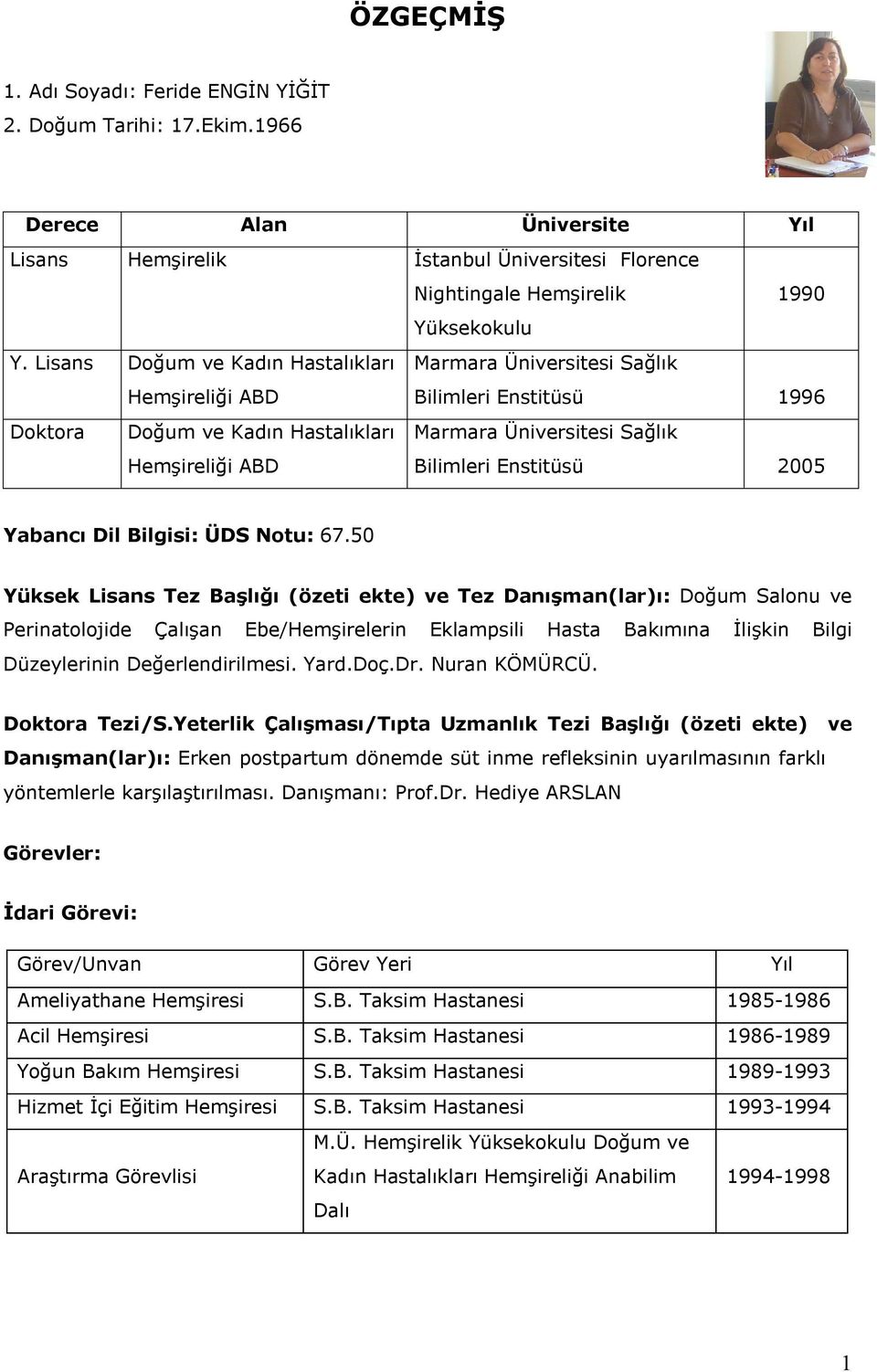 Enstitüsü 005 Yabancı Dil Bilgisi: ÜDS Notu: 67.