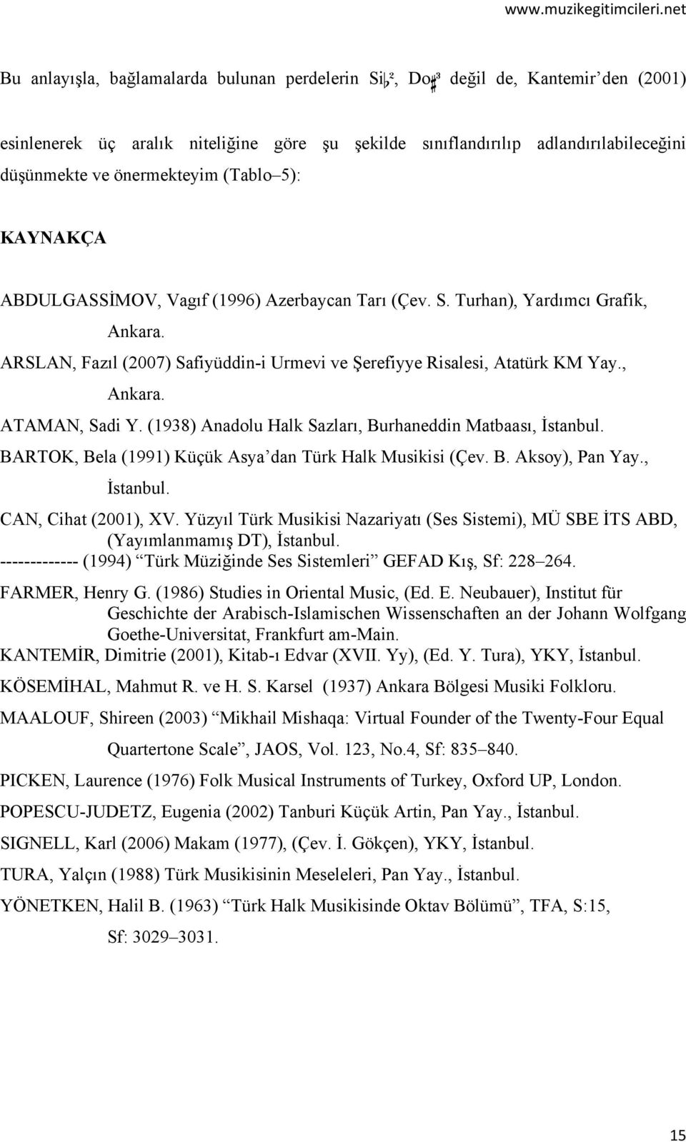 , Ankara. ATAMAN, Sadi Y. (1938) Anadolu Halk Sazları, Burhaneddin Matbaası, İstanbul. BARTOK, Bela (1991) Küçük Asya dan Türk Halk Musikisi (Çev. B. Aksoy), Pan Yay., İstanbul. CAN, Cihat (2001), XV.