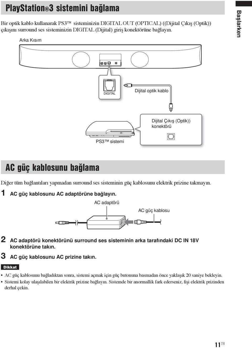 Arka Kısım Başlarken DIGITAL Dijital optik kablo Dijital Çıkış (Optik)) konektörü PS3 sistemi AC güç kablosunu bağlama Diğer tüm bağlantıları yapmadan surround ses sisteminin güç kablosunu elektrik