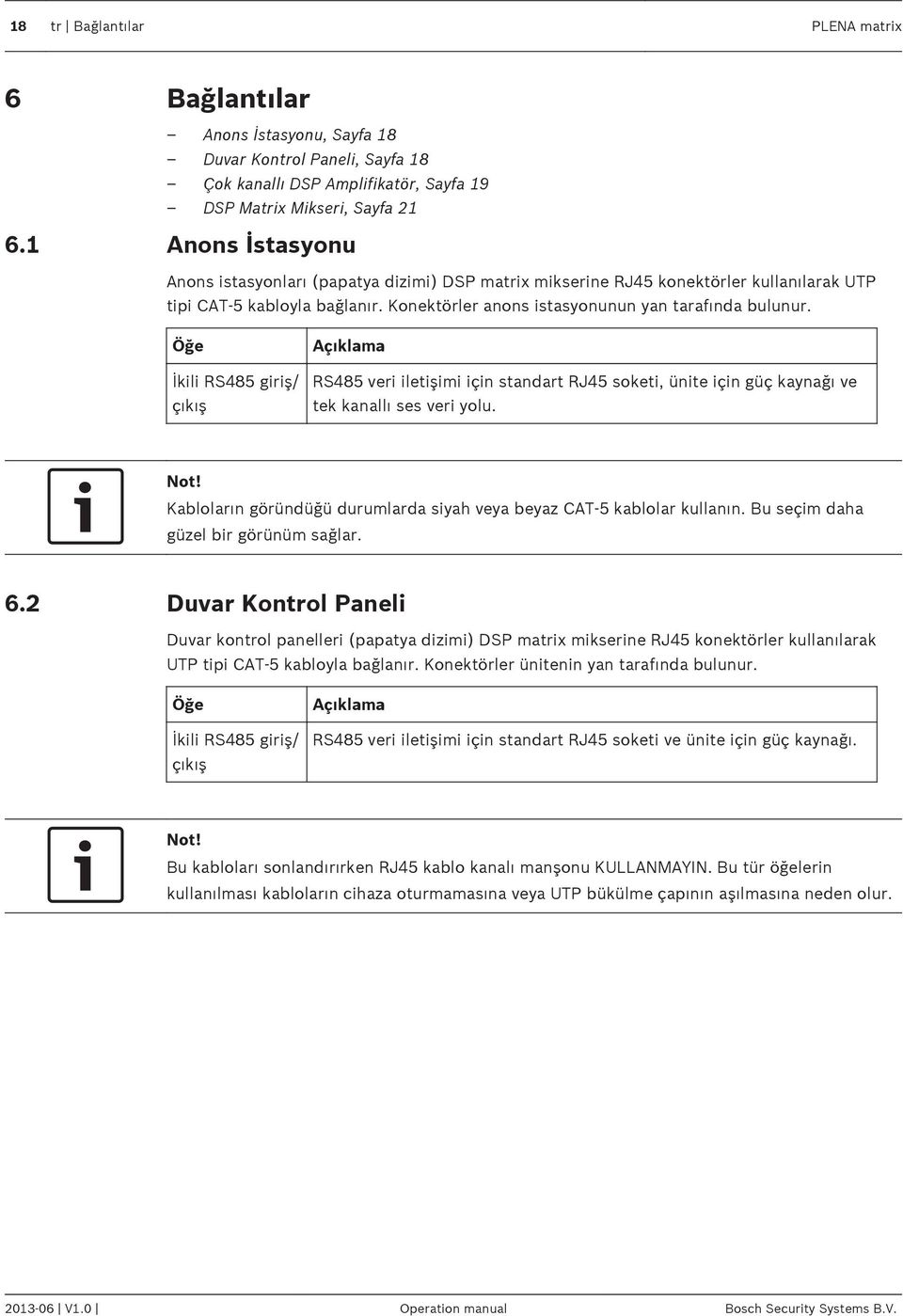 Öğe İkili RS485 giriş/ çıkış Açıklama RS485 veri iletişimi için standart RJ45 soketi, ünite için güç kaynağı ve tek kanallı ses veri yolu.