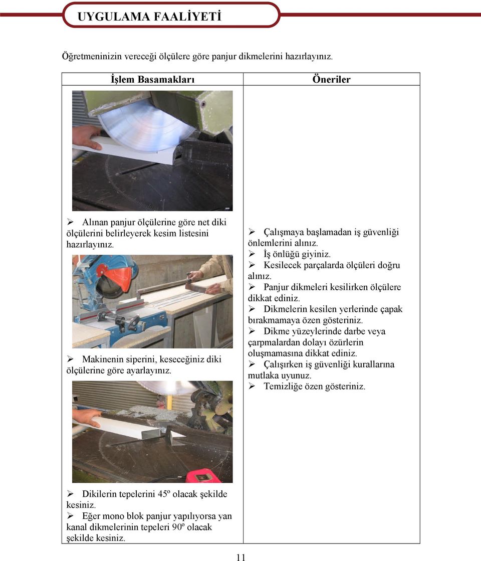 Çalışmaya başlamadan iş güvenliği önlemlerini alınız. İş önlüğü giyiniz. Kesilecek parçalarda ölçüleri doğru alınız. Panjur dikmeleri kesilirken ölçülere dikkat ediniz.