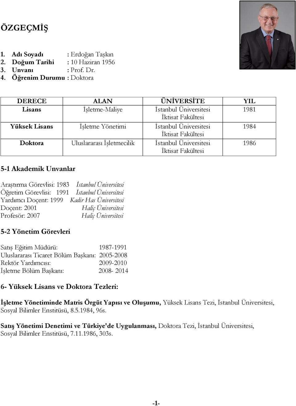 Doktora İşletmecilik İstanbul Üniversitesi İktisat Fakültesi 1986 5-1 Akademik Unvanlar Araştırma Görevlisi: 1983 İstanbul Üniversitesi Öğretim Görevlisi: 1991 İstanbul Üniversitesi Yardımcı Doçent: