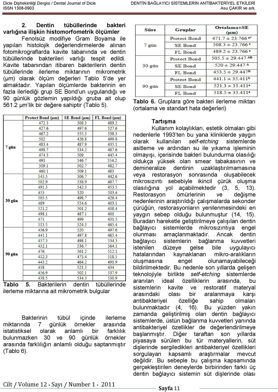 tübüllerinde bakterileri varlığı tespit edildi. Kavite tabanından itibaren bakterilerin dentin tübüllerinde ilerleme miktarının mikrometrik (µm) olarak ölçüm değerleri Tablo 5 de yer almaktadır.