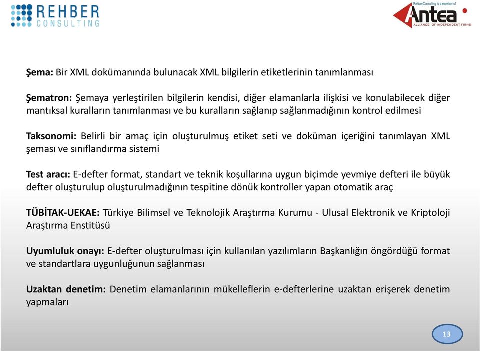 Test aracı: E defter format, standart ve teknik koşullarına uygun biçimde yevmiye defteri ile büyük defter oluşturulup oluşturulmadığının tespitine dönük kontroller yapan otomatik araç TÜBİTAK UEKAE: