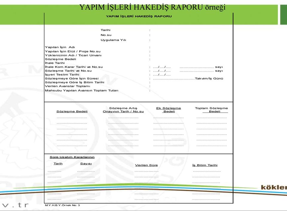 ..Takvim/İş Günü Sözleşmeye Göre İş Bitim Tarihi : Verilen Avanslar Toplamı Mahsubu Yapılan Avansın Toplam Tutarı : : Sözleşme Bedeli Sözleşme Artış Onayının Tarih / No.