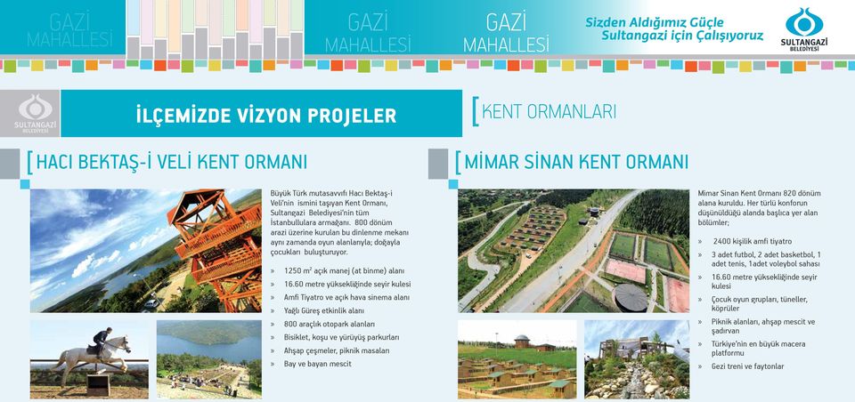 60 metre yüksekliğinde seyir kulesi Amfi Tiyatro ve açık hava sinema alanı Yağlı Güreş etkinlik alanı 800 araçlık otopark alanları Bisiklet, koşu ve yürüyüş parkurları Ahşap çeşmeler, piknik masaları