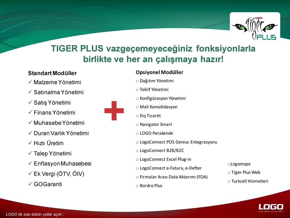 Muhasebesi Ek Vergi (ÖTV, ÖIV) GOGaranti + Opsiyonel Modüller o Dağıtım Yönetimi o Teklif Yönetimi o Konfigürasyon Yönetimi o Mali Konsolidasyon o Dış Ticaret o