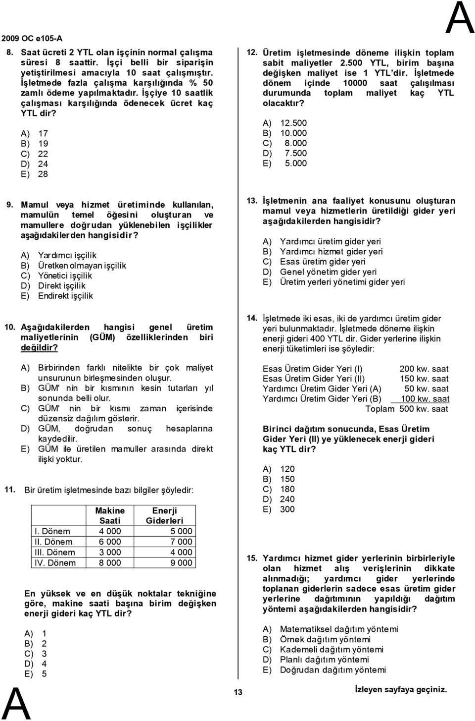 Üretim işletmesinde döneme ilişkin toplam sabit maliyetler 2.500 YTL, birim başına değişken maliyet ise 1 YTL dir.