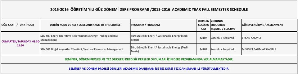 SEMİNER, DÖNEM PROJESİ VE TEZ DERSLERİ KREDİSİZ DERSLER OLDUKLARI İÇİN DERS PROGRAMINDA YER