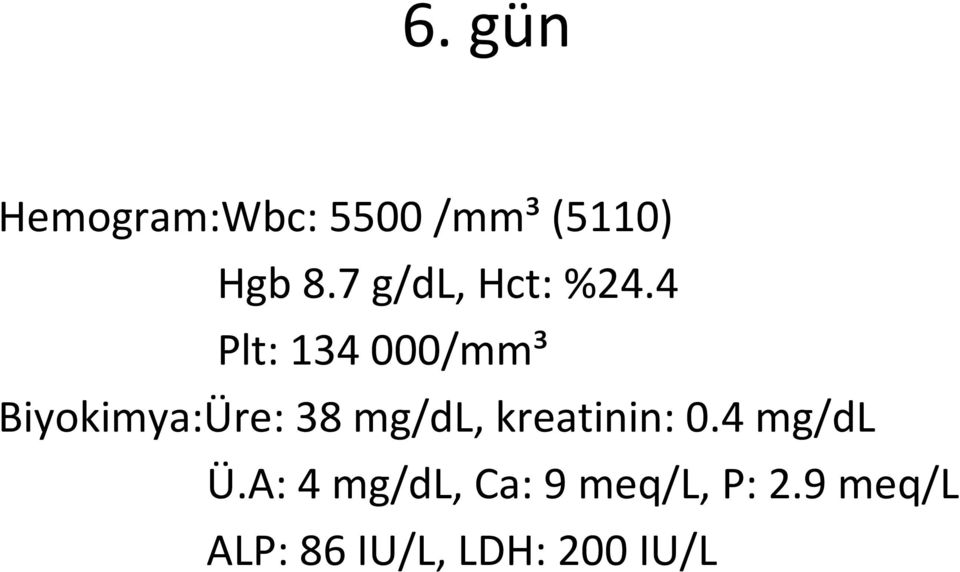 4 Plt: 134 000/mm³ Biyokimya:Üre: 38 mg/dl,