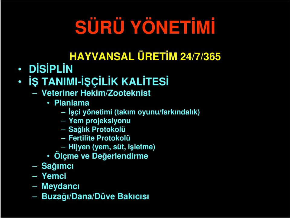 Yem projeksiyonu Sağlık Protokolü Fertilite Protokolü Hijyen (yem, süt,