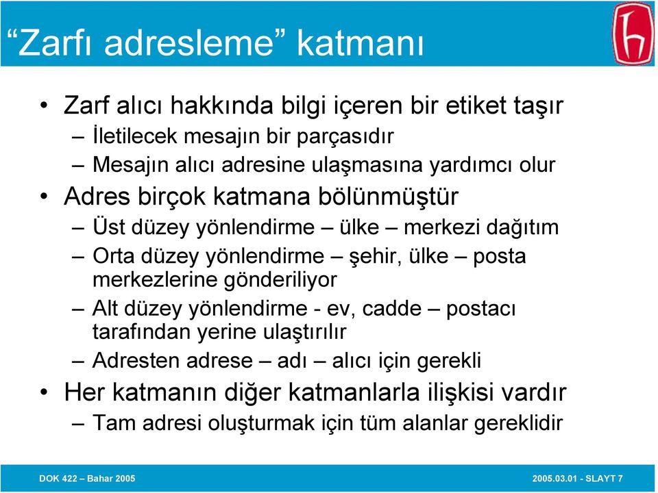 posta merkezlerine gönderiliyor Alt düzey yönlendirme - ev, cadde postacı tarafından yerine ulaştırılır Adresten adrese adı alıcı için