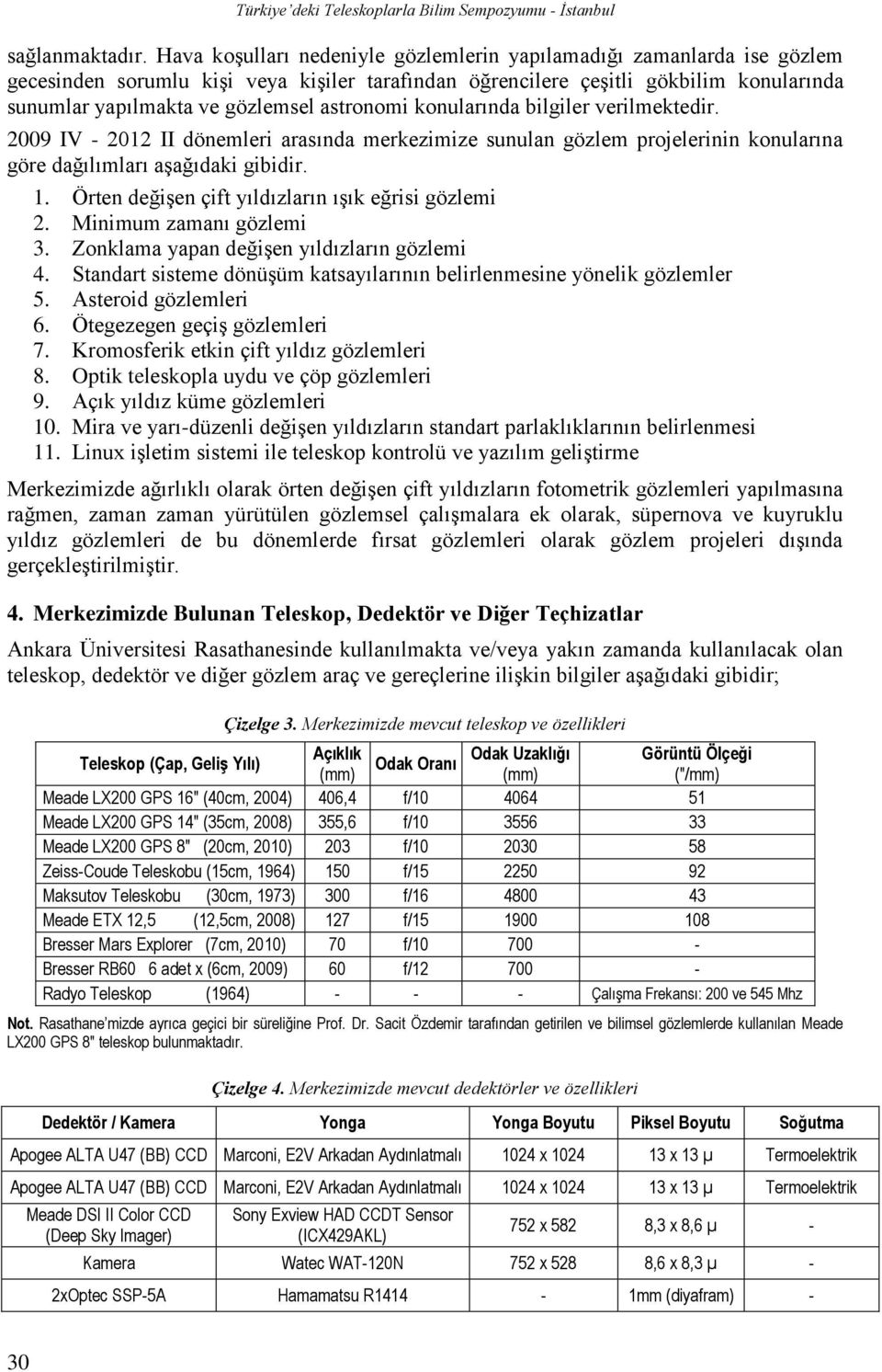 astronomi konularında bilgiler verilmektedir. 2009 IV - 2012 II dönemleri arasında merkezimize sunulan gözlem projelerinin konularına göre dağılımları aşağıdaki gibidir. 1.