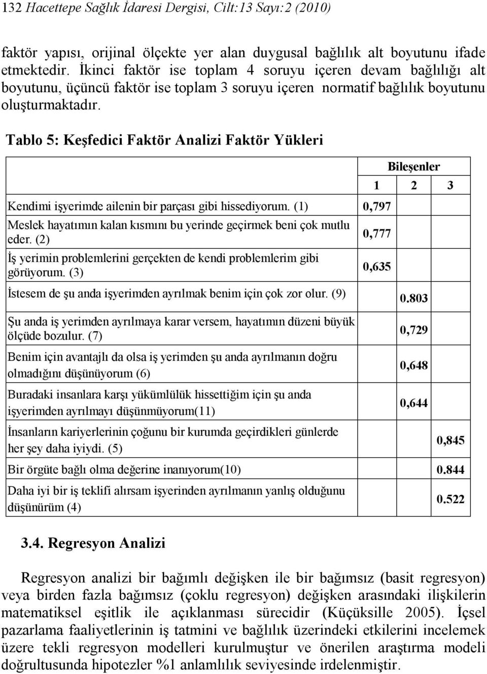 Tablo 5: Keşfedici Faktör Analizi Faktör Yükleri Kendimi işyerimde ailenin bir parçası gibi hissediyorum. (1) 0,797 Meslek hayatımın kalan kısmını bu yerinde geçirmek beni çok mutlu eder.