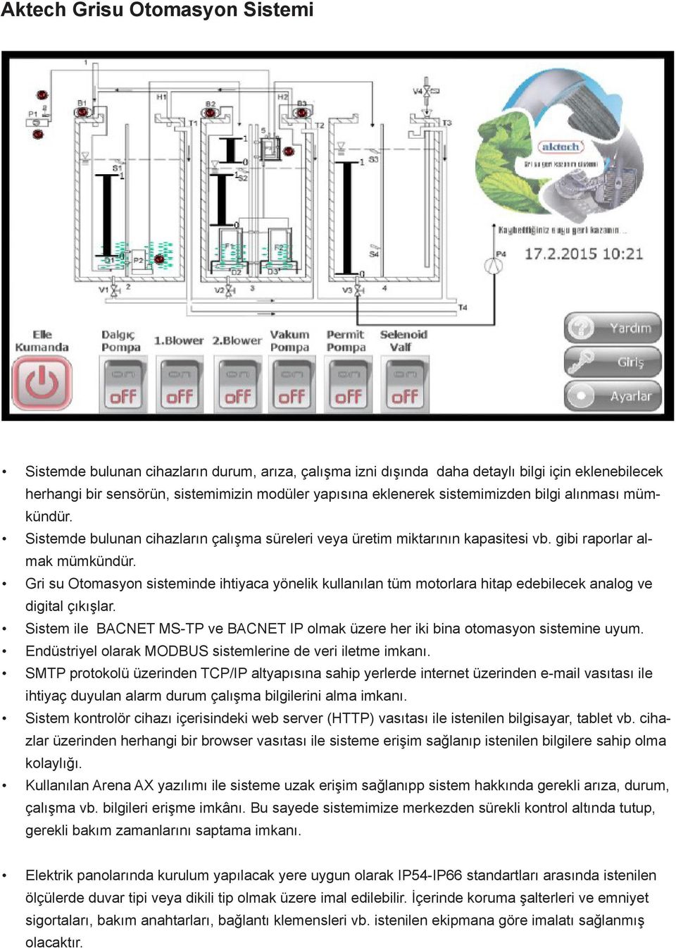 Gri su Otomasyon sisteminde ihtiyaca yönelik kullanılan tüm motorlara hitap edebilecek analog ve digital çıkışlar.