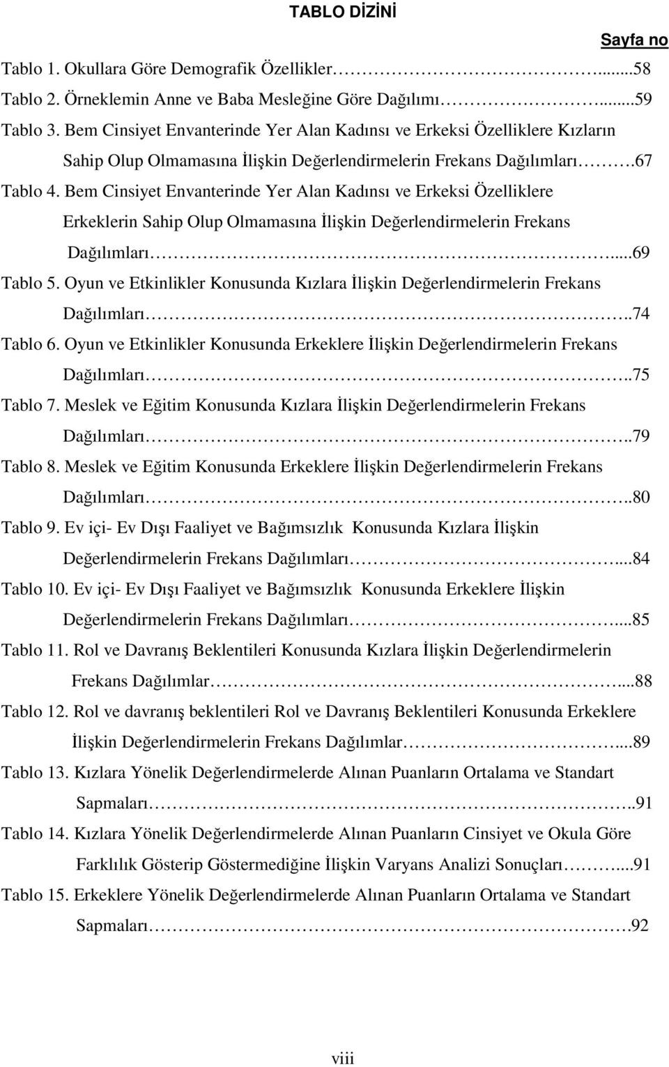 Bem Cinsiyet Envanterinde Yer Alan Kadınsı ve Erkeksi Özelliklere Erkeklerin Sahip Olup Olmamasına İlişkin Değerlendirmelerin Frekans Dağılımları...69 Tablo 5.