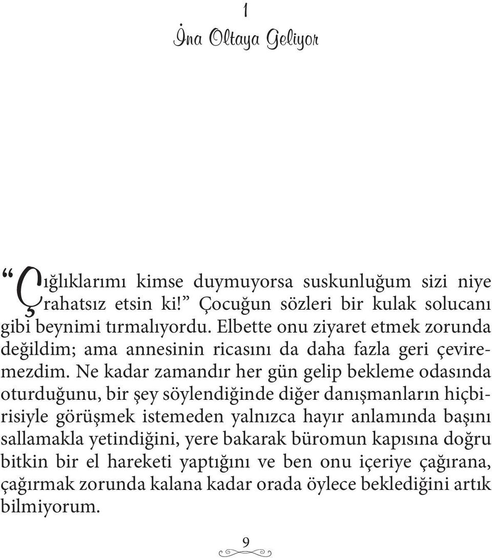 Ne kadar zamandır her gün gelip bekleme odasında oturduğunu, bir şey söylendiğinde diğer danışmanların hiçbirisiyle görüşmek istemeden yalnızca hayır