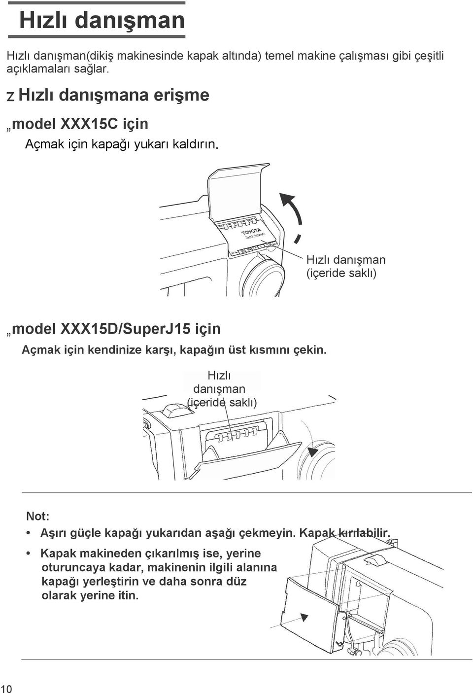 Hızlı danışman (içeride saklı) model XXX15D/SuperJ15 için Açmak için kendinize karşı, kapağın üst kısmını çekin.