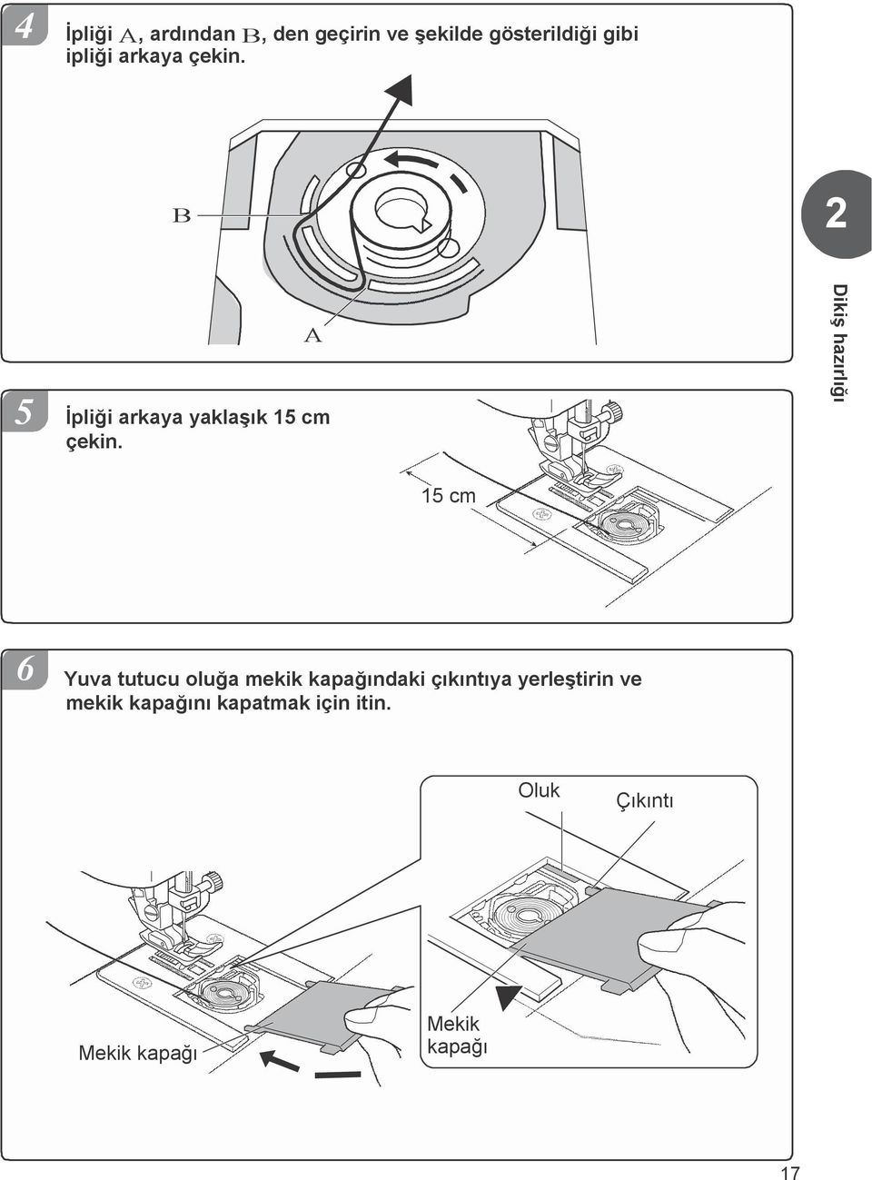 Dikiş hazırlığı 15 cm 6 Yuva tutucu oluğa mekik kapağındaki çıkıntıya