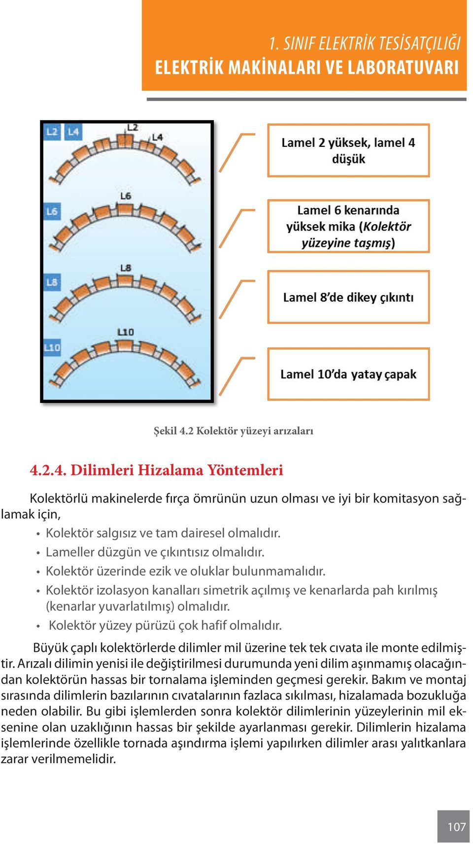 Kolektör yüzey pürüzü çok hafif olmalıdır. Büyük çaplı kolektörlerde dilimler mil üzerine tek tek cıvata ile monte edilmiştir.