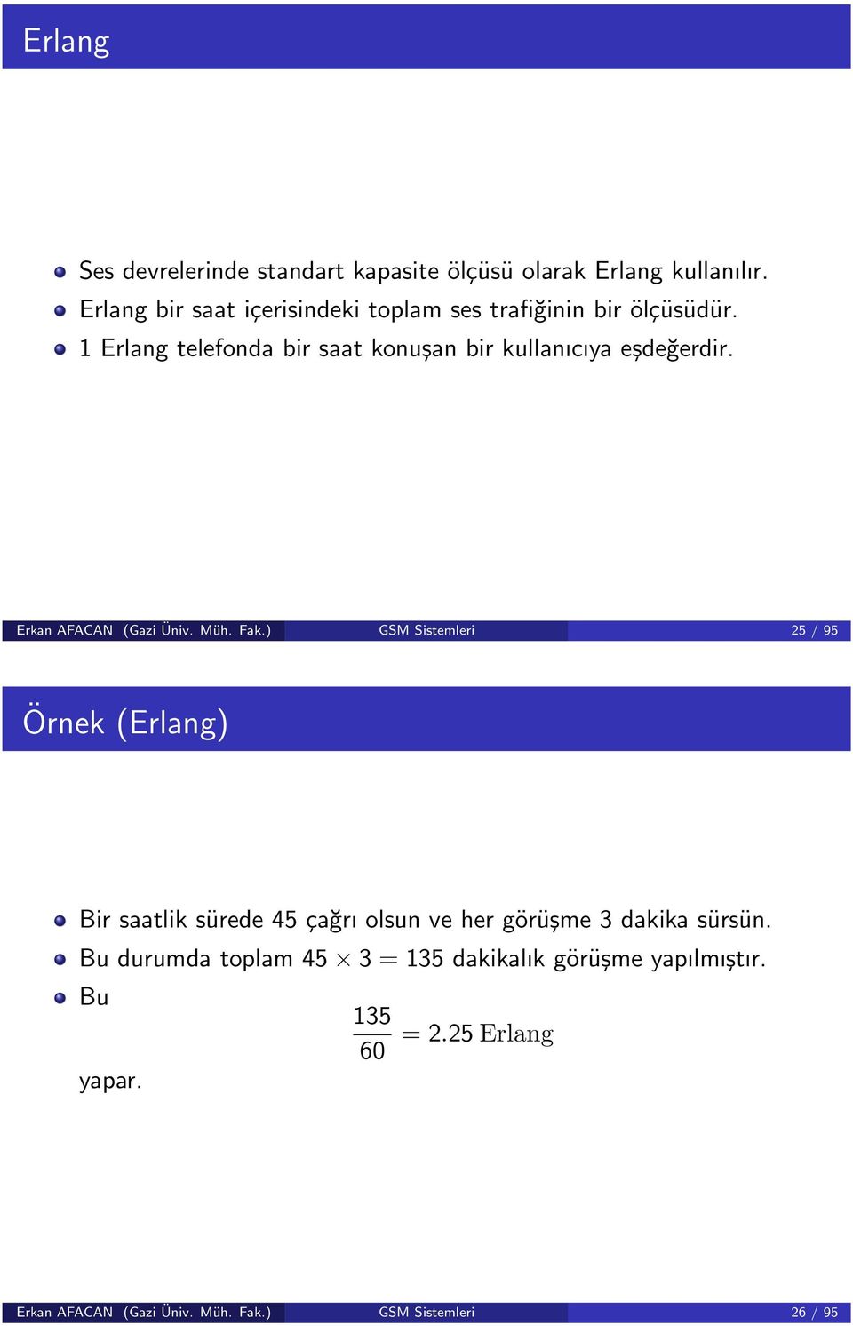 1 Erlang telefonda bir saat konuşan bir kullanıcıya eşdeğerdir. Erkan AFACAN (Gazi Üniv. Müh. Fak.